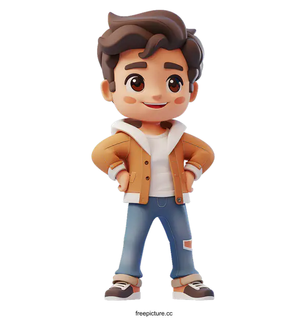 [Transparent Background PNG]A 3D illustration of a young boy in a brown jacket and blue jeans.