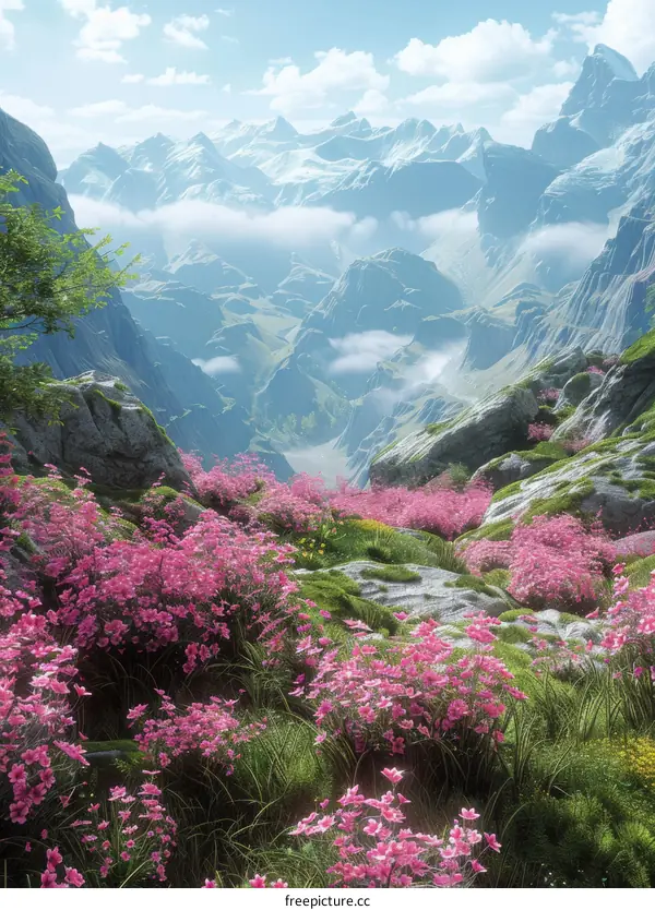 Mountains in the distance with pink flowers in the foreground