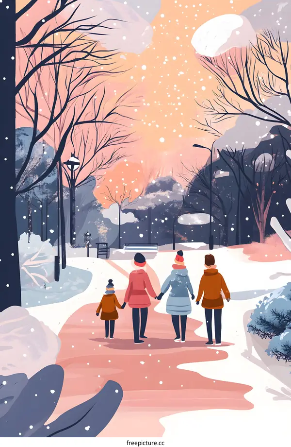 Family Walking in the Snow Covered Park