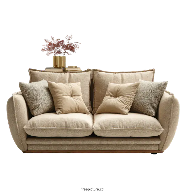 [Transparent Background PNG]Modern Beige Fabric Sofa with Decorative Pillows