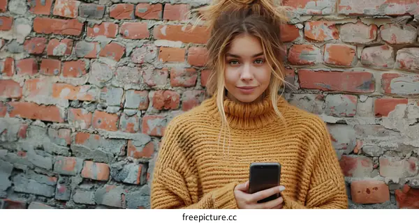 Young attractive blonde woman in stylish yellow sweater using smartphone app standing near brick wall in city street