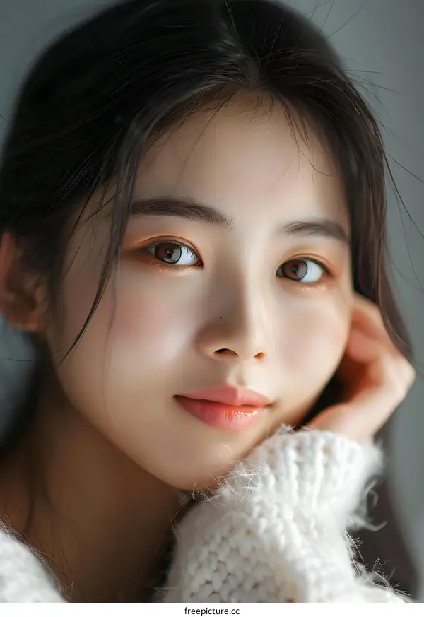 Portrait of a Young Asian Woman With a Soft Smile and Long Black Hair