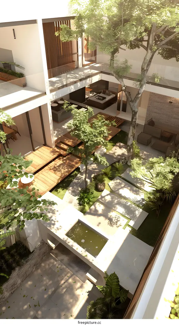 Modern Minimalist Courtyard Design with Wooden Deck and Lush Greenery