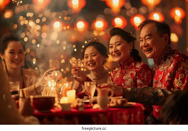 A happy Chinese family is celebrating the Spring Festival