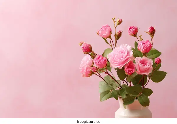 Pink Roses Bouquet in Vase Against Pink Background