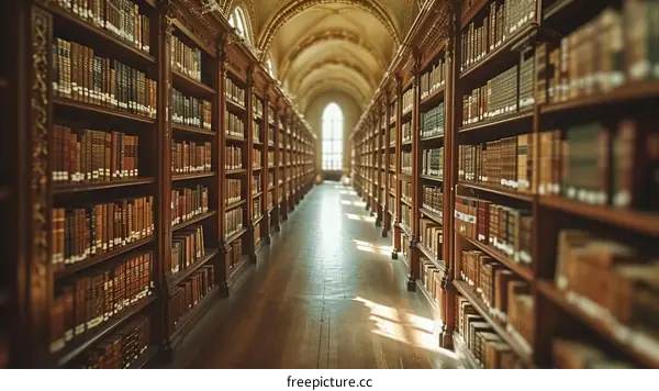 Wooden bookshelves in the library