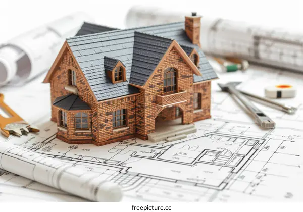 Small model of a two-story house made of bricks placed on top of blueprints