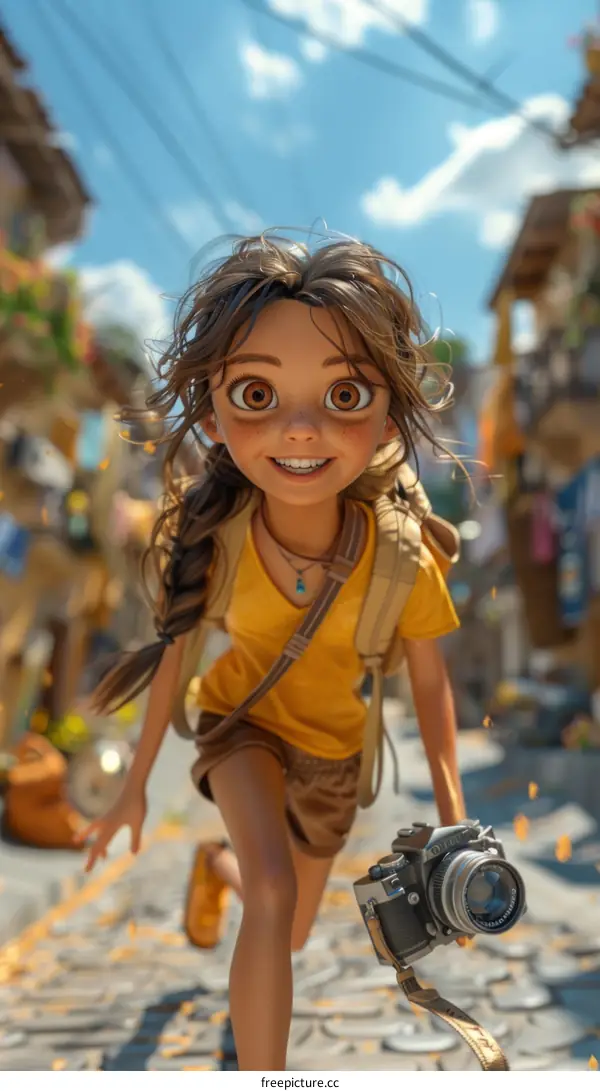 Young Girl Running Down the Street with Camera