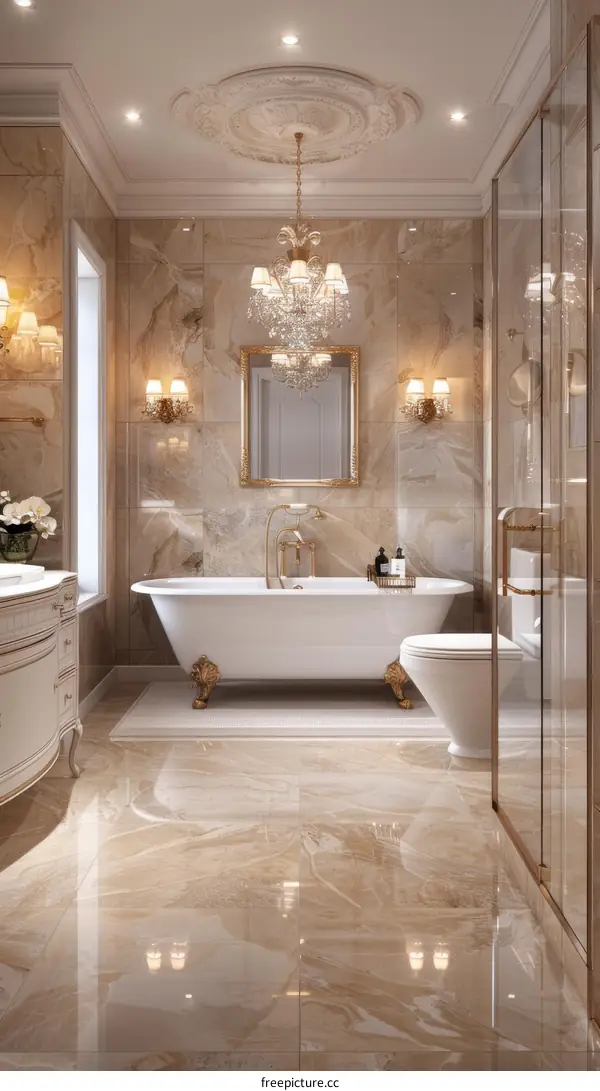 Modern Luxury Bathroom Interior Design With White Bathtub And Chandelier