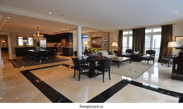 Black and White Marble Floor Tiles With Dark Wood and White Walls