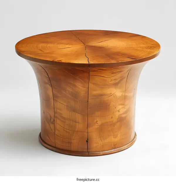 A wooden table with a round top and a cylindrical base
