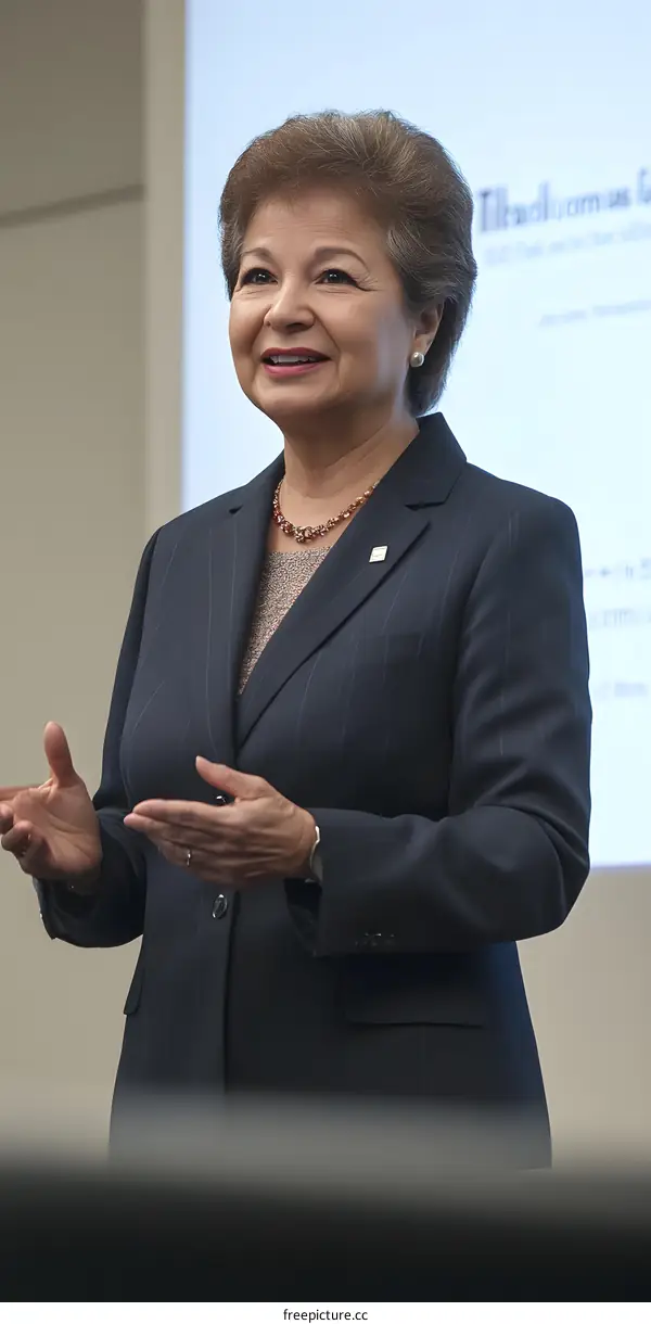 Woman in Suit Speaking at a Conference