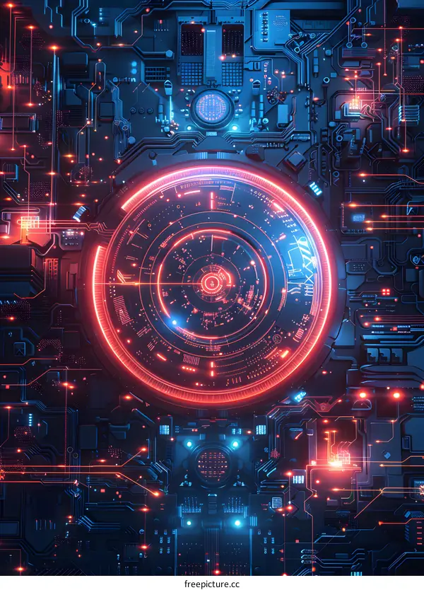 Futuristic Circuit Board With Red And Blue Lights