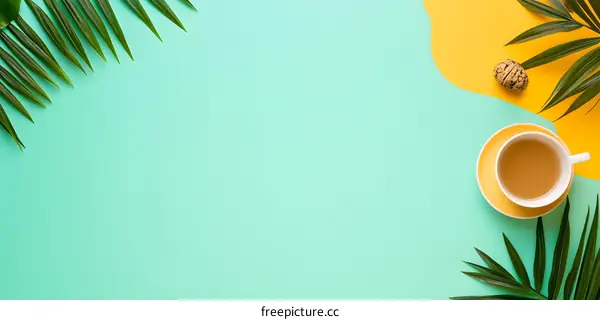 Minimalist Green and Yellow Background with Tea Cup and Palm Leaves