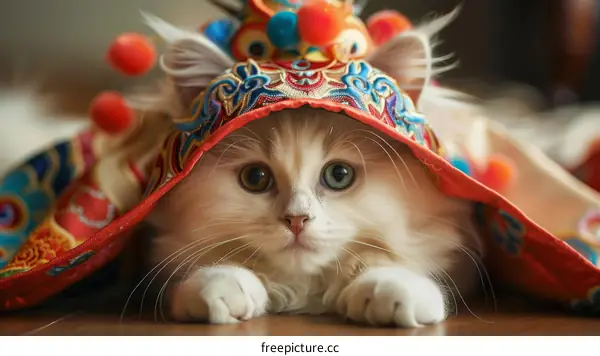 A cute cat wearing a traditional Chinese dragon costume