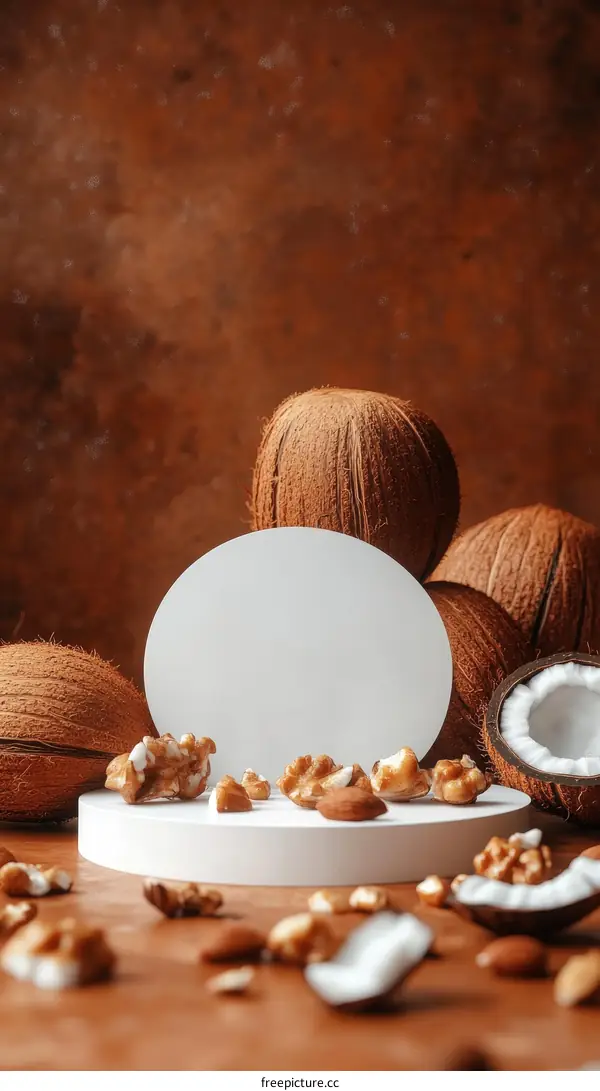 Brown Background with Coconuts and Nuts Display