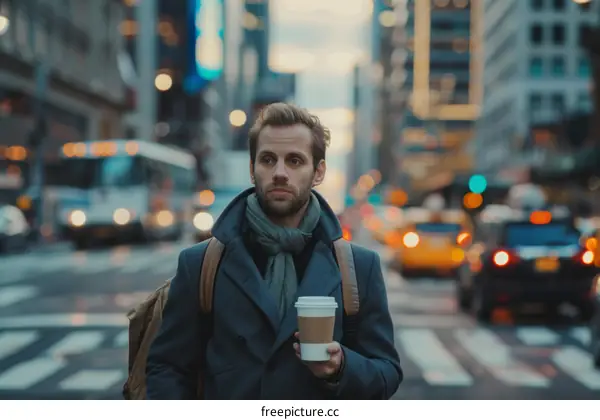 A man is drinking coffee on a busy street