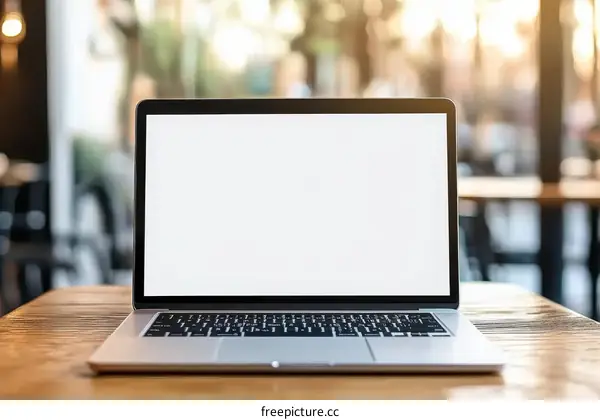 Laptop on Wooden Table in Cafe Setting
