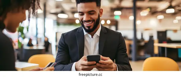 African American Man Smiling While Using Phone In Office