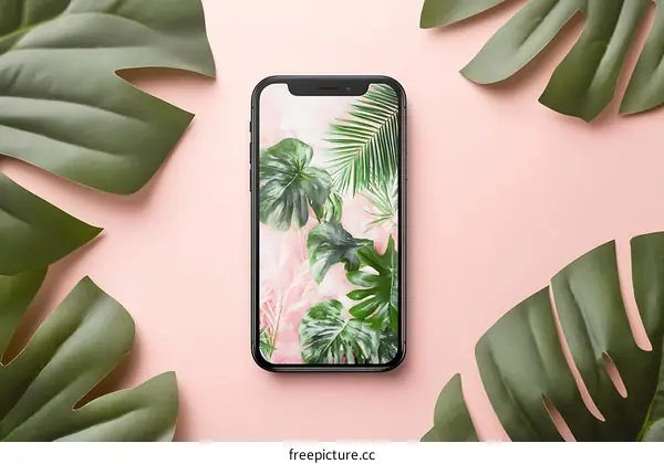 Tropical Leaves and Smartphone on Pink Background