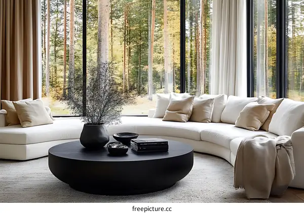 Modern Living Room with Panoramic Forest Views