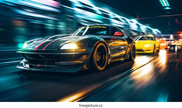 Black and yellow sports cars racing in the city at night