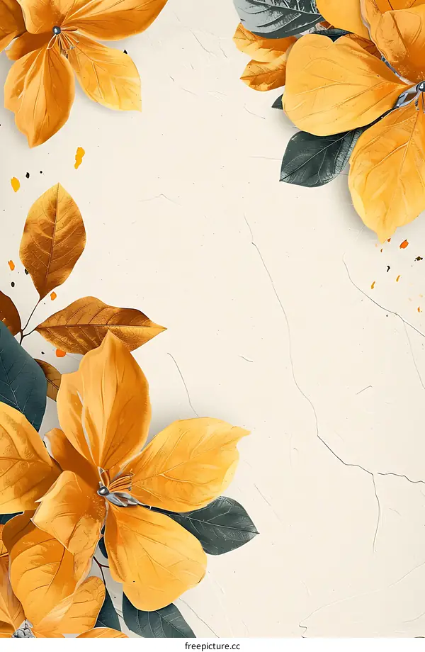 Golden Yellow Flower and Leaves on Cream Background