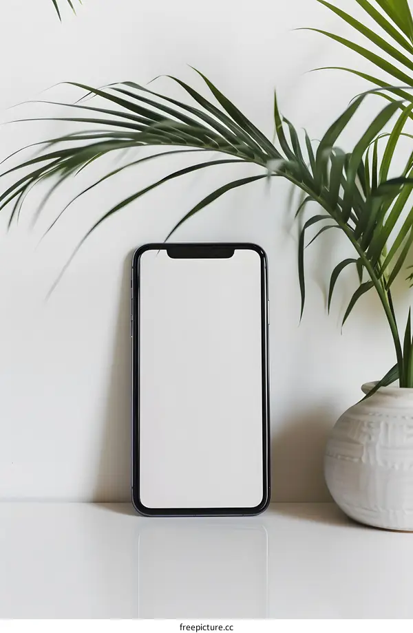 Minimalist White Background with Phone and Plant