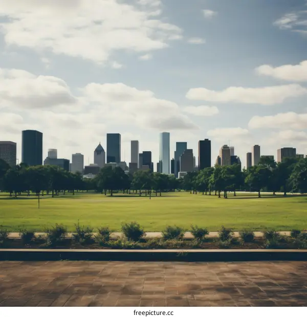 Houston cityscape over Buffalo Bayou Park