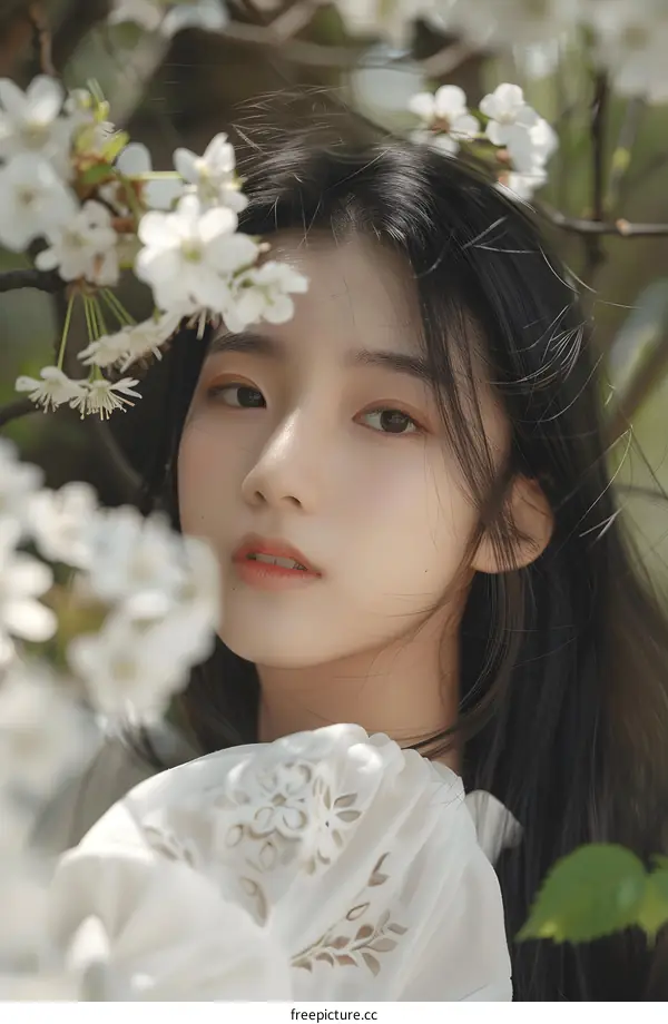 Young Asian Woman Portrait With White Flowers