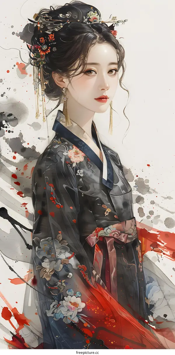 A beautiful Korean lady in a traditional dress, with a red background.