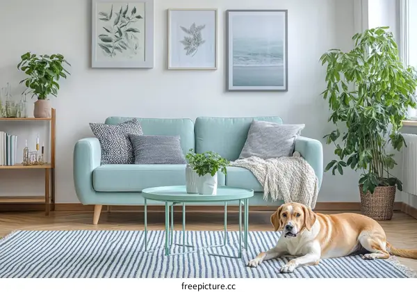 Cozy Living Room with Mint Green Sofa and Dog