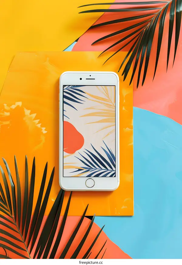 White Smartphone with Tropical Palm Leaves Wallpaper on a Yellow, Orange, and Blue Background