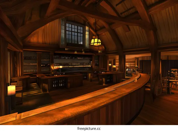 Wooden Bar Interior Design with Curved Counter