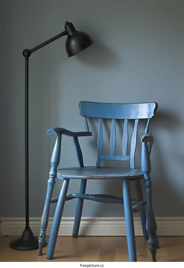 Blue Wooden Chair with Floor Lamp
