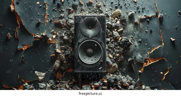 Black Speaker with Sound Waves Breaking Through a Concrete Wall