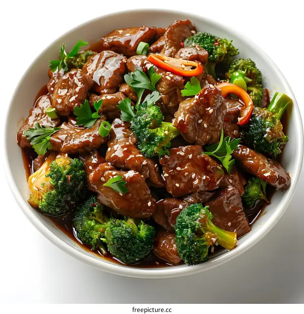 Beef and broccoli in white bowl