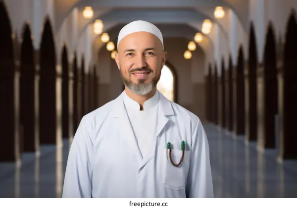 Portrait of a smiling Muslim man wearing a white shirt and cap