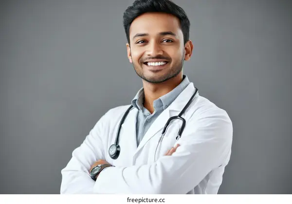 Smiling Doctor Portrait Against Gray Background
