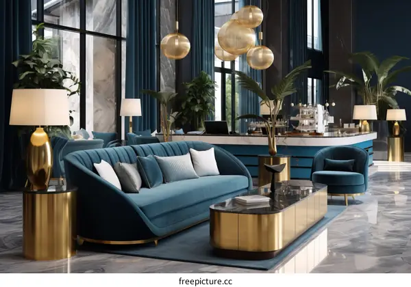 Blue and gold luxury hotel lobby interior design