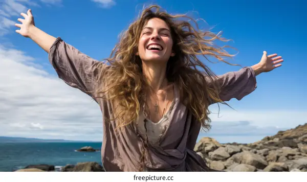 carefree woman standing on a rocky coast with arms outstretched