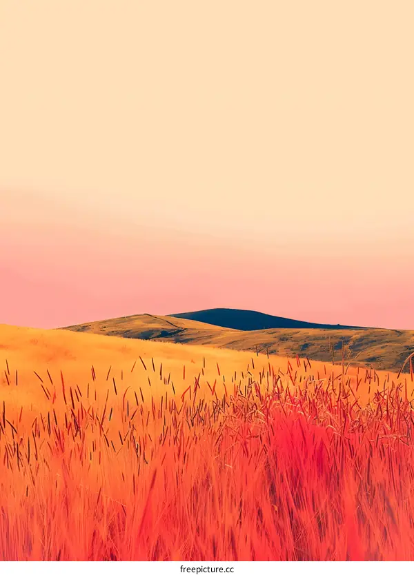 Golden Field with Hill and Pink Sunset Sky