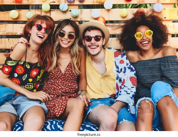Group of Diverse Friends Wearing Sunglasses Sitting Together in Front of a Wooden Wall