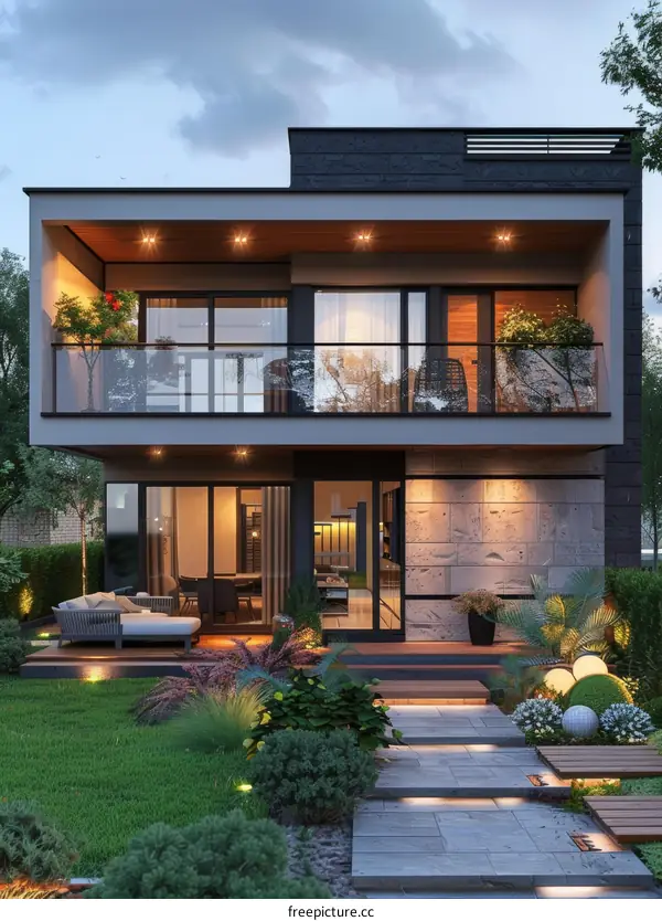 A modern two-story house with a beautiful yard