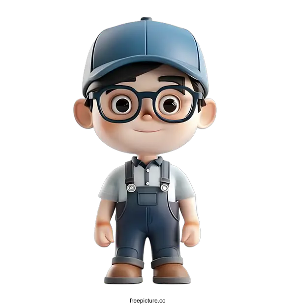 [Transparent Background PNG]A 3D rendering of a boy wearing a baseball cap, glasses, and overalls