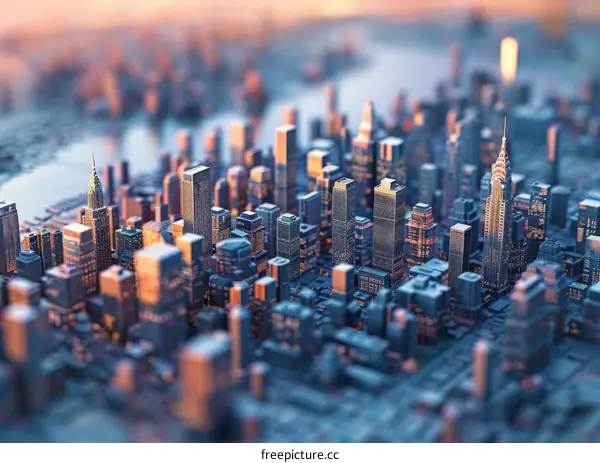 Miniature model of a city with skyscrapers and a river running through it