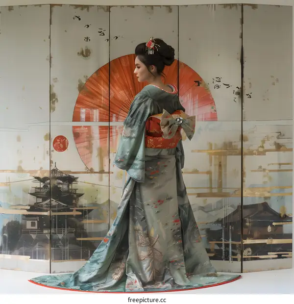 A woman wearing a kimono is standing in front of a traditional Japanese painting.