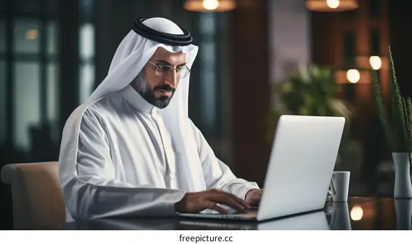 Arab businessman working on laptop in modern office
