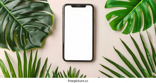 Mobile Phone Mockup with Green Leaves on a White Background