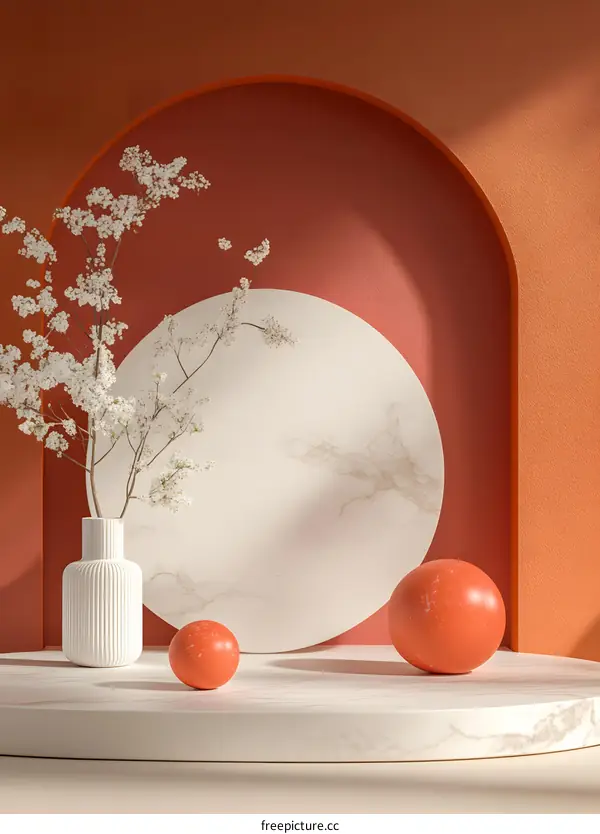 Minimalist White Vase with Cherry Blossoms Against Red Background